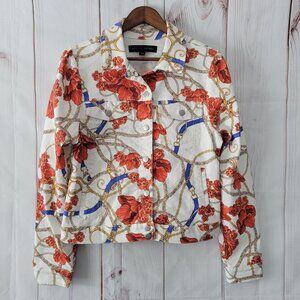 Boston Proper White Floral Cotton Stretch Jean Jacket Women’s L Vibrant Western